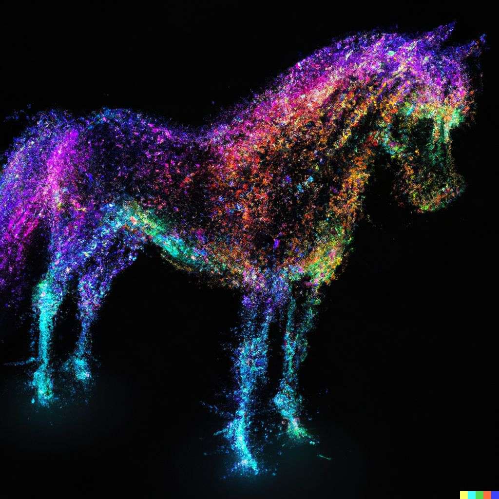 a horse, made from glowing multicolored luminescent fibers, digital art
